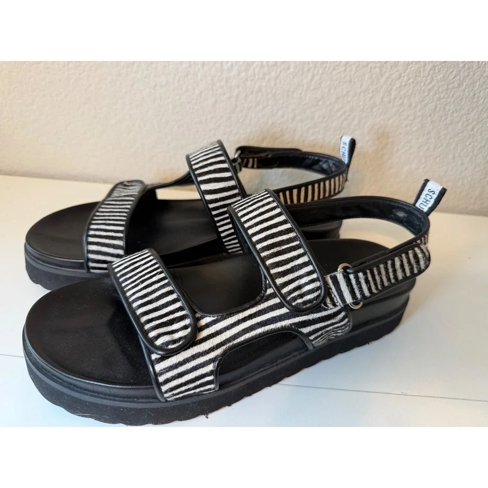 Schutz Black White Striped Calf Hair Platform Slingback Sandals Womens 9.5B